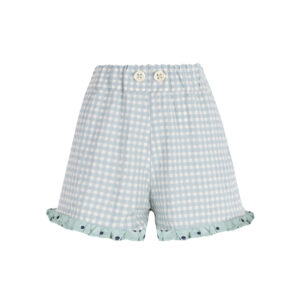 Short tipo boxer en vichy verde pastel con cinturilla elástica, bolsillos y volantes en el bajo en contraste verde agua con lunares marinos