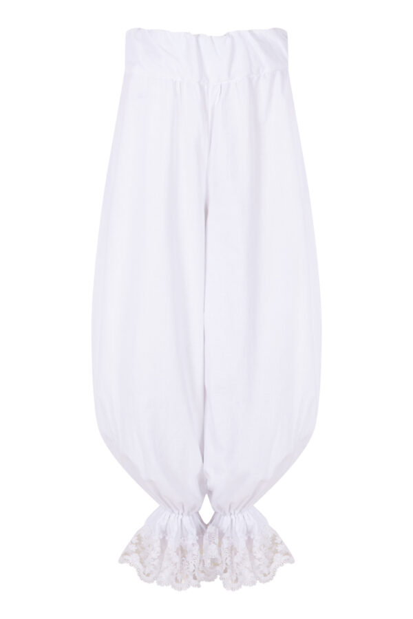 Pantalón bombacho blanco de popelín de algodón 100% con delicados acabados en encaje. Hecho bajo pedido con posibilidad de ajustar el largo